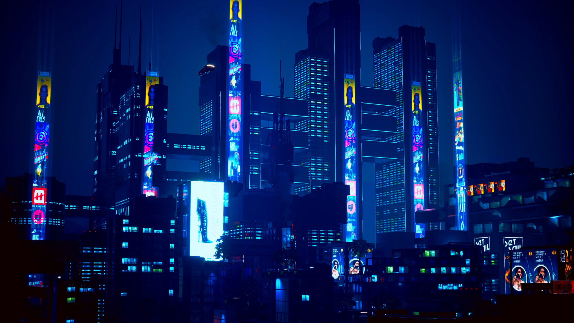 Cinematic city scene in Cyberpunk 2077 showing neon lights and rain