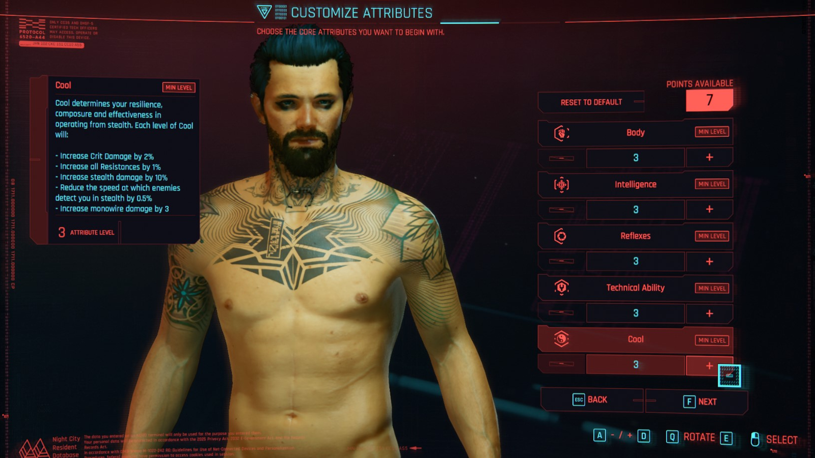 Character creation screen showing attribute point allocation