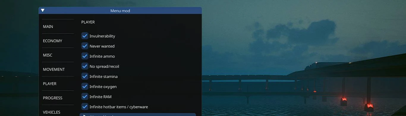 MenuMod header image for Cyberpunk 2077 showing the cheat interface