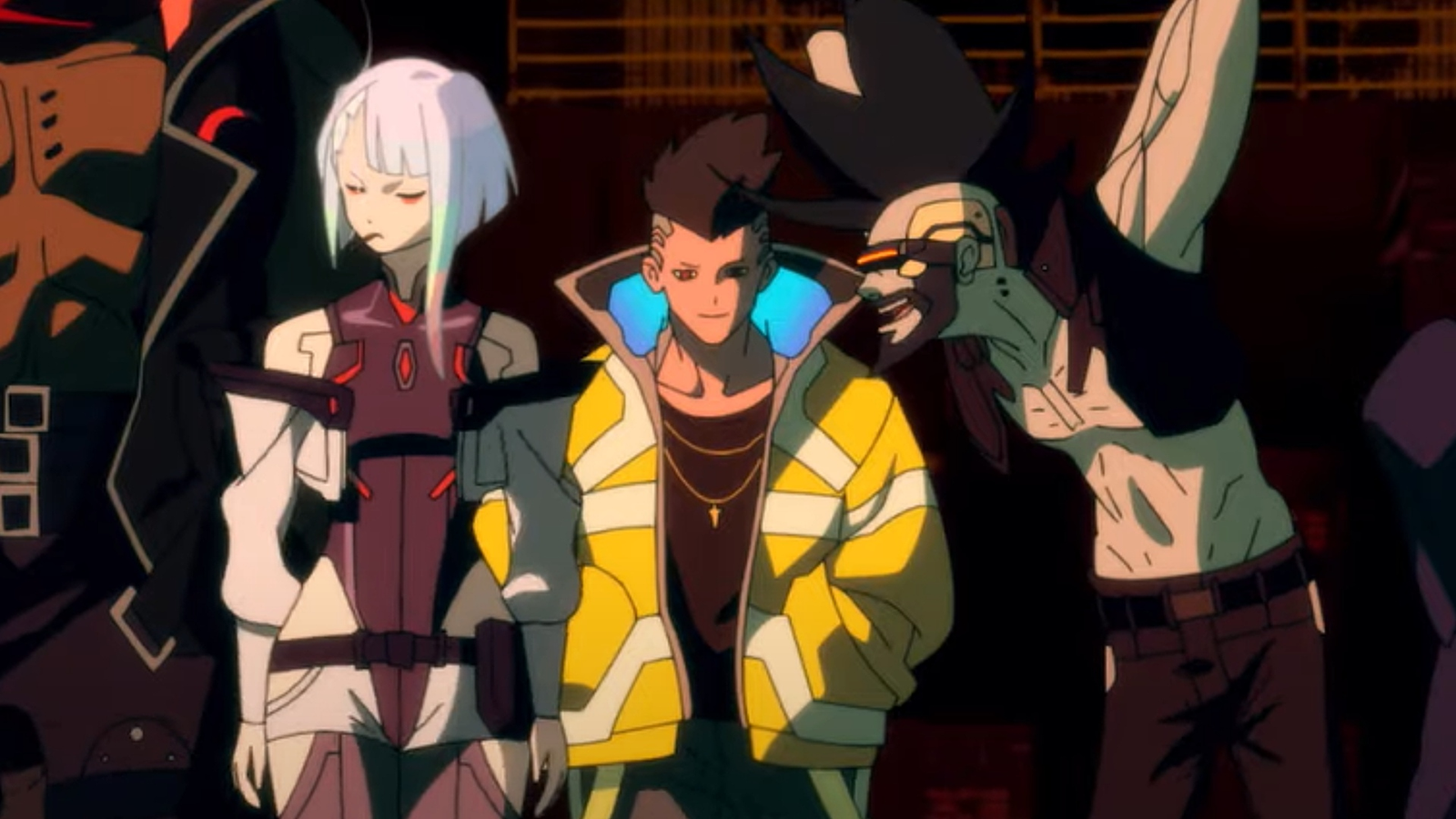 Maine and his crew from Cyberpunk Edgerunners standing together