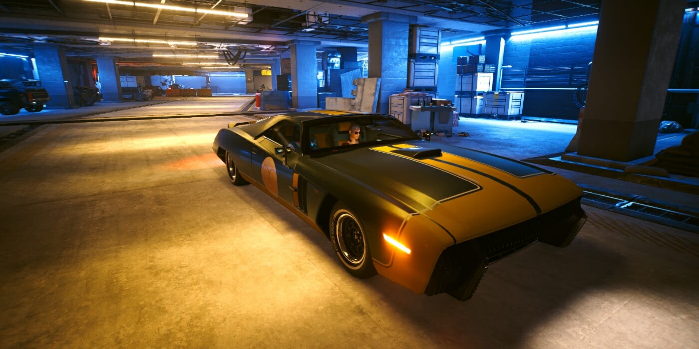 The Quadra Sport R-7 Charon parked inside the Petrochem Stadium garage in Cyberpunk 2077
