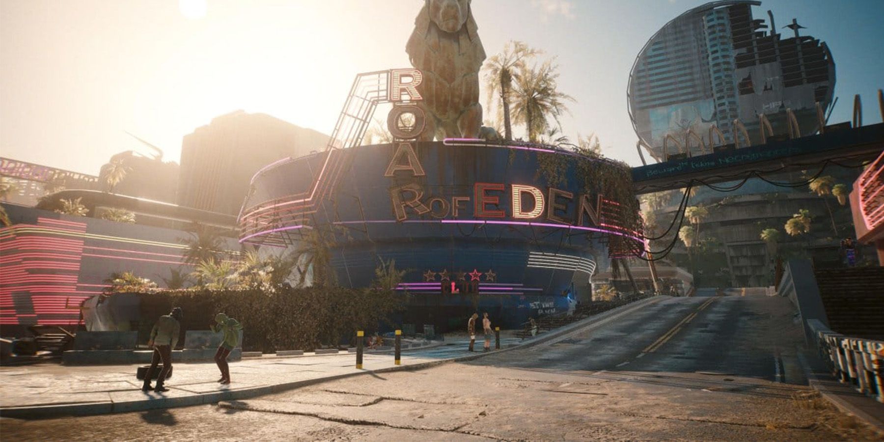 Aerial view of the walled Dogtown district in Cyberpunk 2077