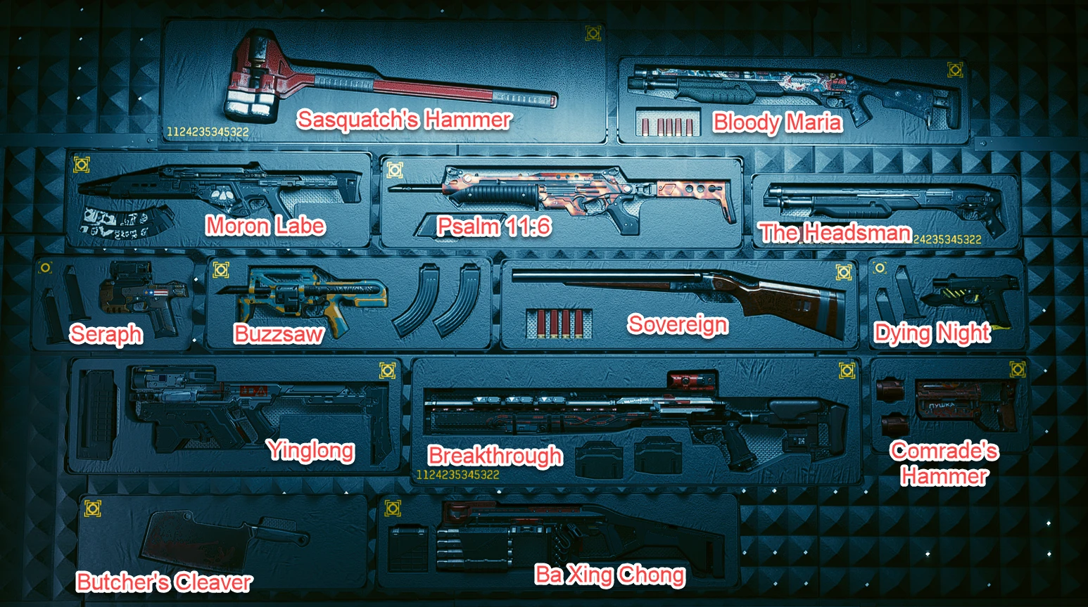 A visual guide showing the specific slots for each weapon on the stash wall