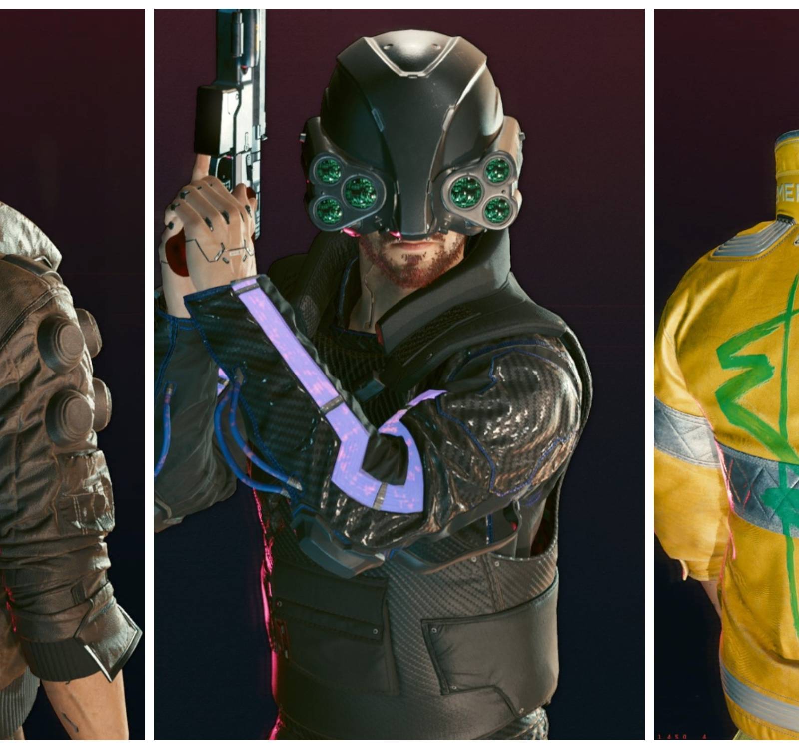 A collection of legendary clothing items in Cyberpunk 2077 including the Rocker and Solo sets