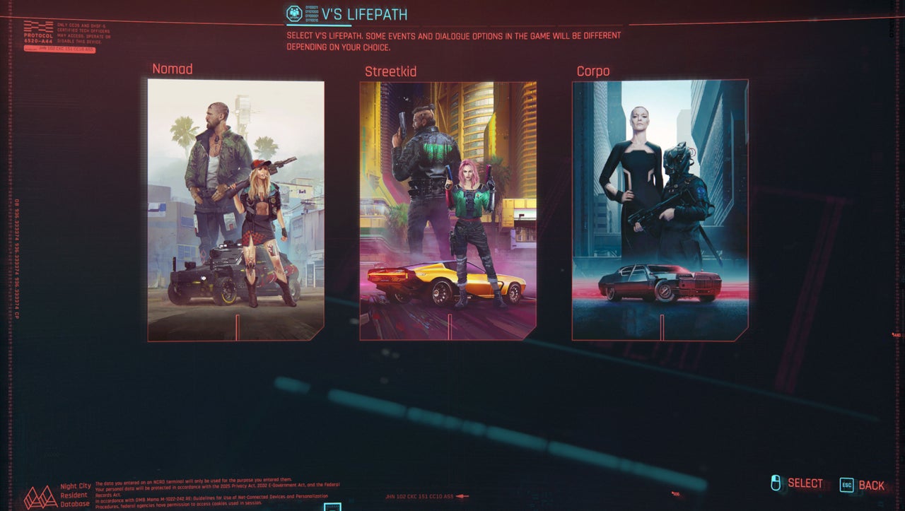 V choosing a lifepath in the character creator
