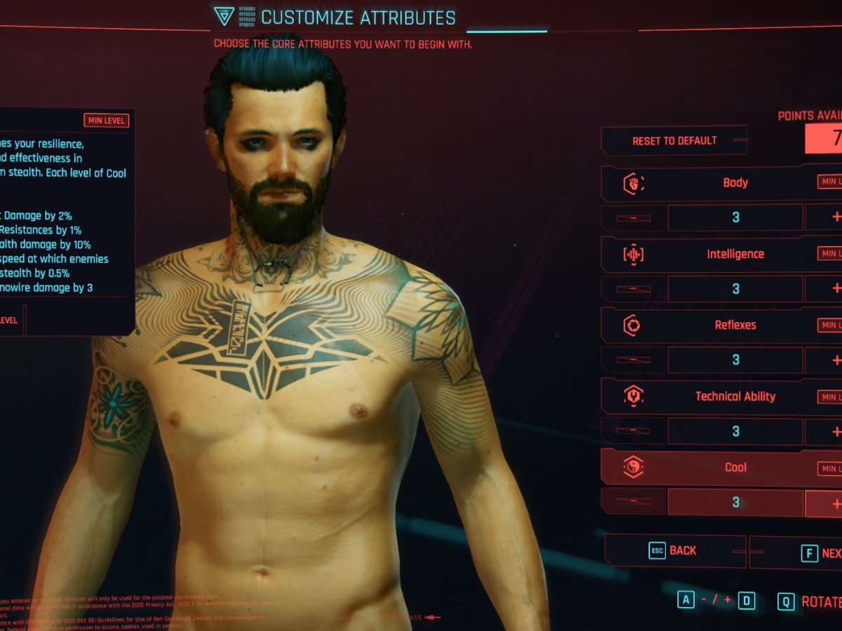 Cyberpunk 2077 starting attribute selection screen
