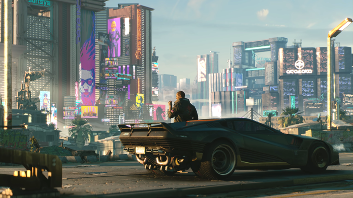 V and Johnny Silverhand overlooking the neon skyline of Night City