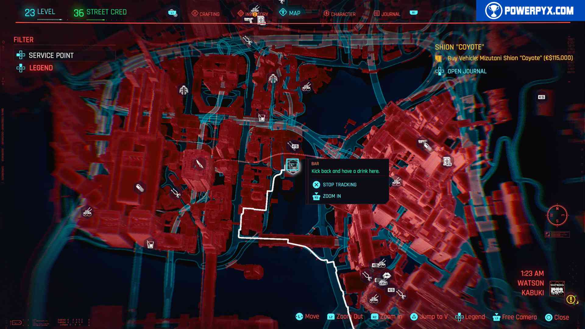 Map showing bar and club locations in Night City Cyberpunk 2077