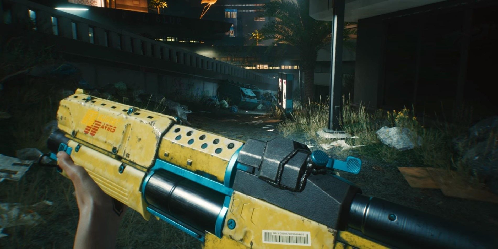 V holding a powerful shotgun in a neon-lit Night City street