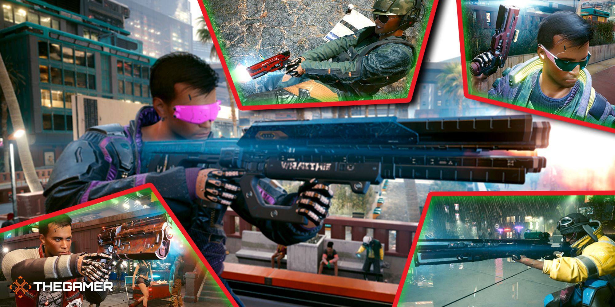 A collection of iconic tech weapons in Cyberpunk 2077 including Widow Maker and Lizzie