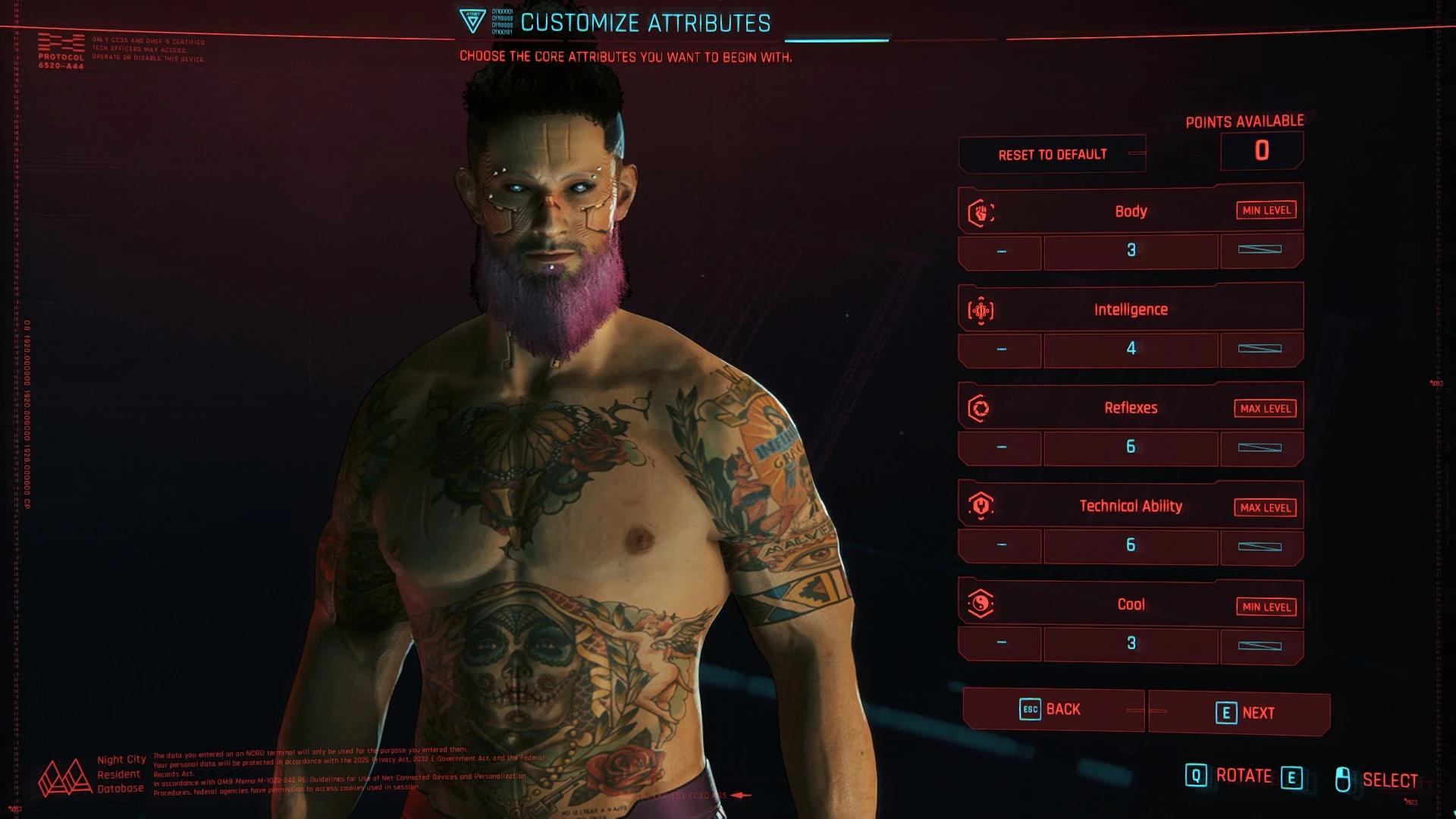 Cyberpunk 2077 attribute screen showing Body and Tech focus