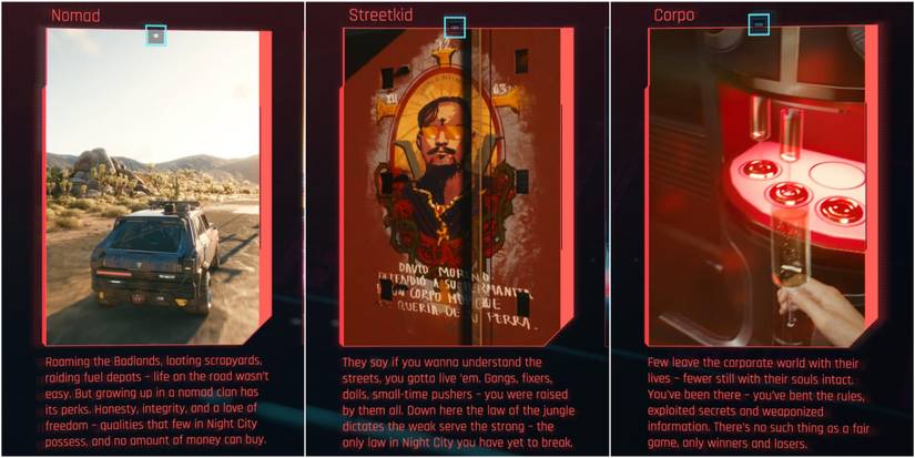V standing between the three lifepath choices: Nomad, Street Kid, and Corpo