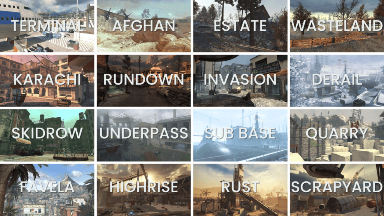 Modern Warfare 3 multiplayer maps selection screen showing various environments
