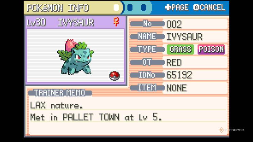 Ivysaur in Pokémon LeafGreen summary screen
