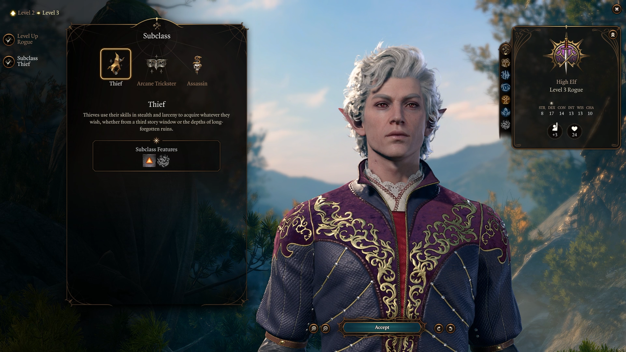 The Thief subclass features in the BG3 level up screen