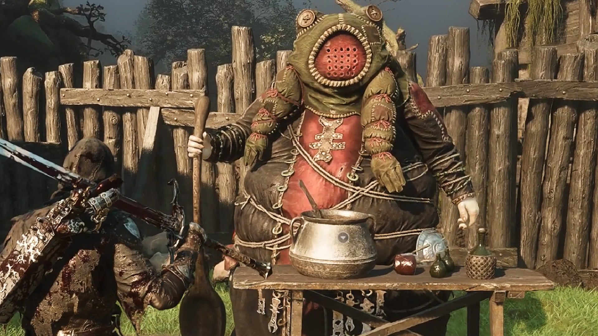 Hilga standing by her cauldron in the Mushroom Village of Mortal Shell 2