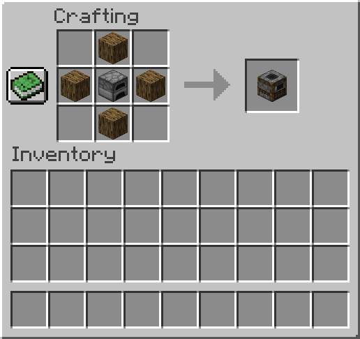Minecraft smoker crafting recipe showing a furnace surrounded by logs