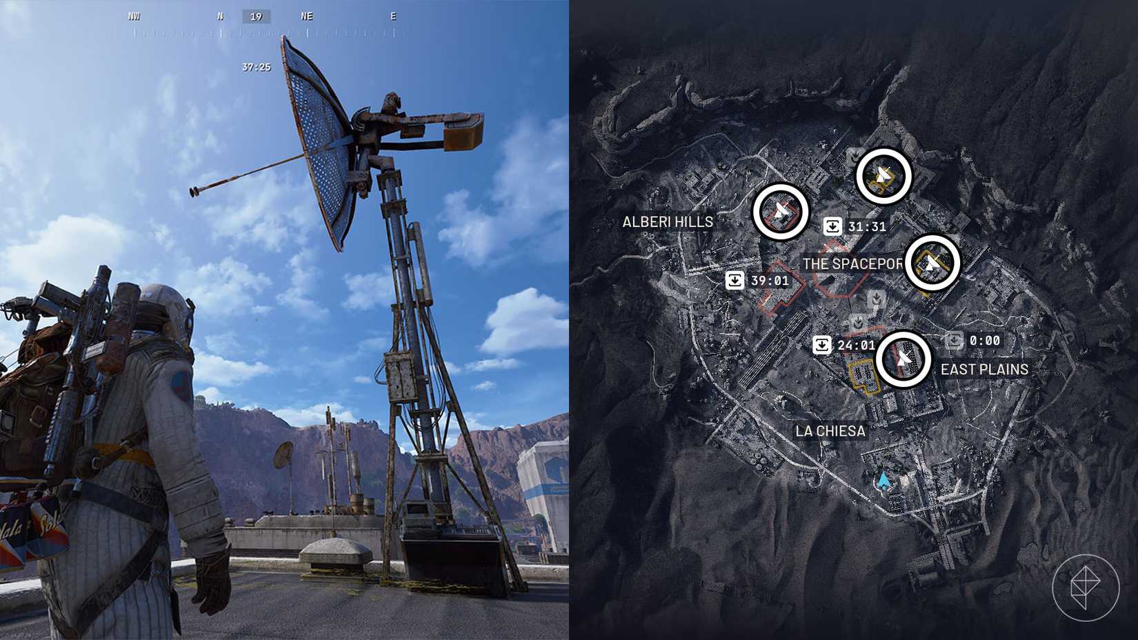 A player interacting with a satellite antenna on a Spaceport rooftop