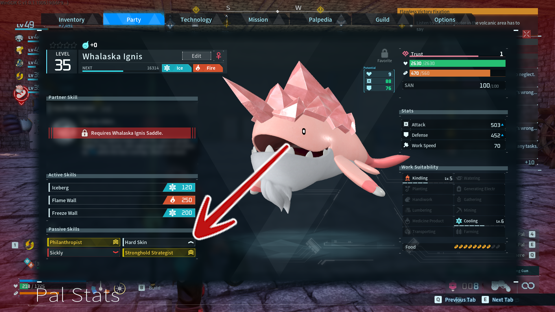 Palworld passive skill UI showing stat modifiers and tiers