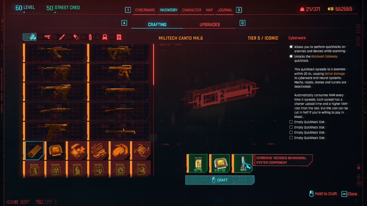 Crafting menu for Militech Canto Mk.6 showing required components