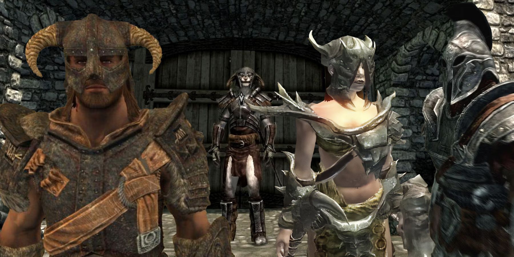 A character wearing high-tier Skyrim heavy armor sets including Madness and Daedric