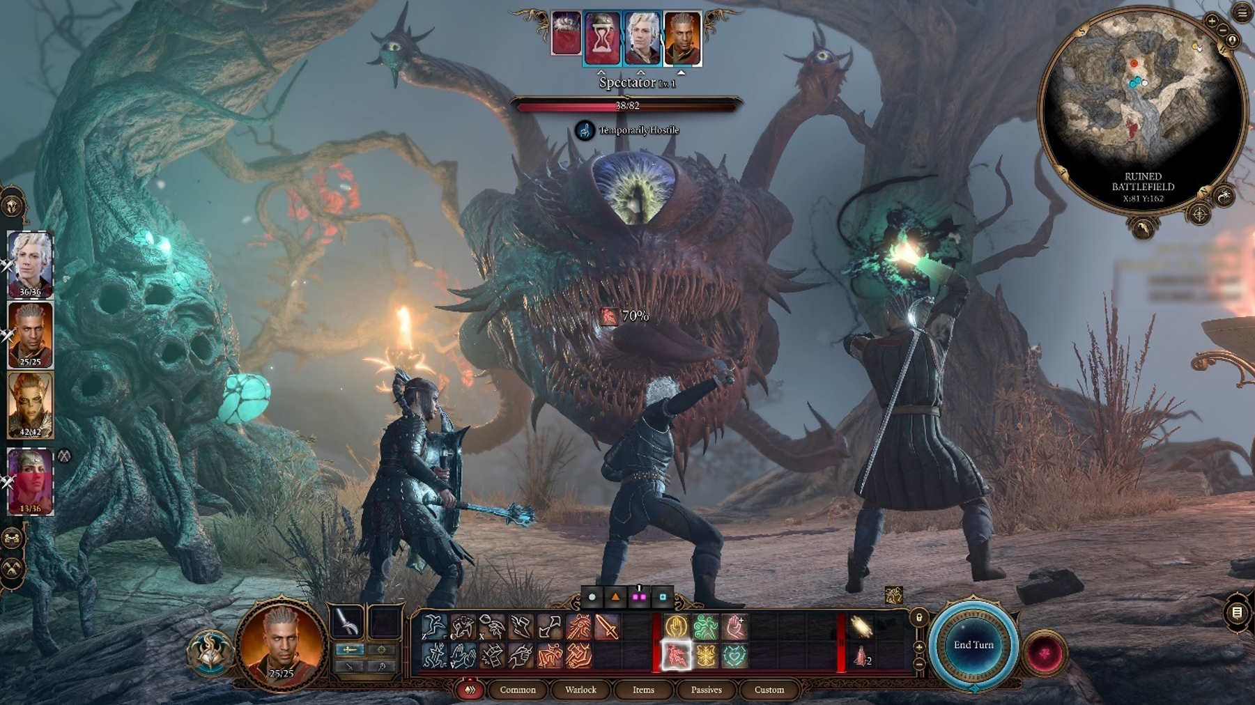 A 4-player party engaged in tactical combat in Baldur's Gate 3