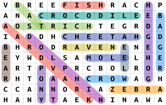 Classic word hunt puzzle grid with hidden words