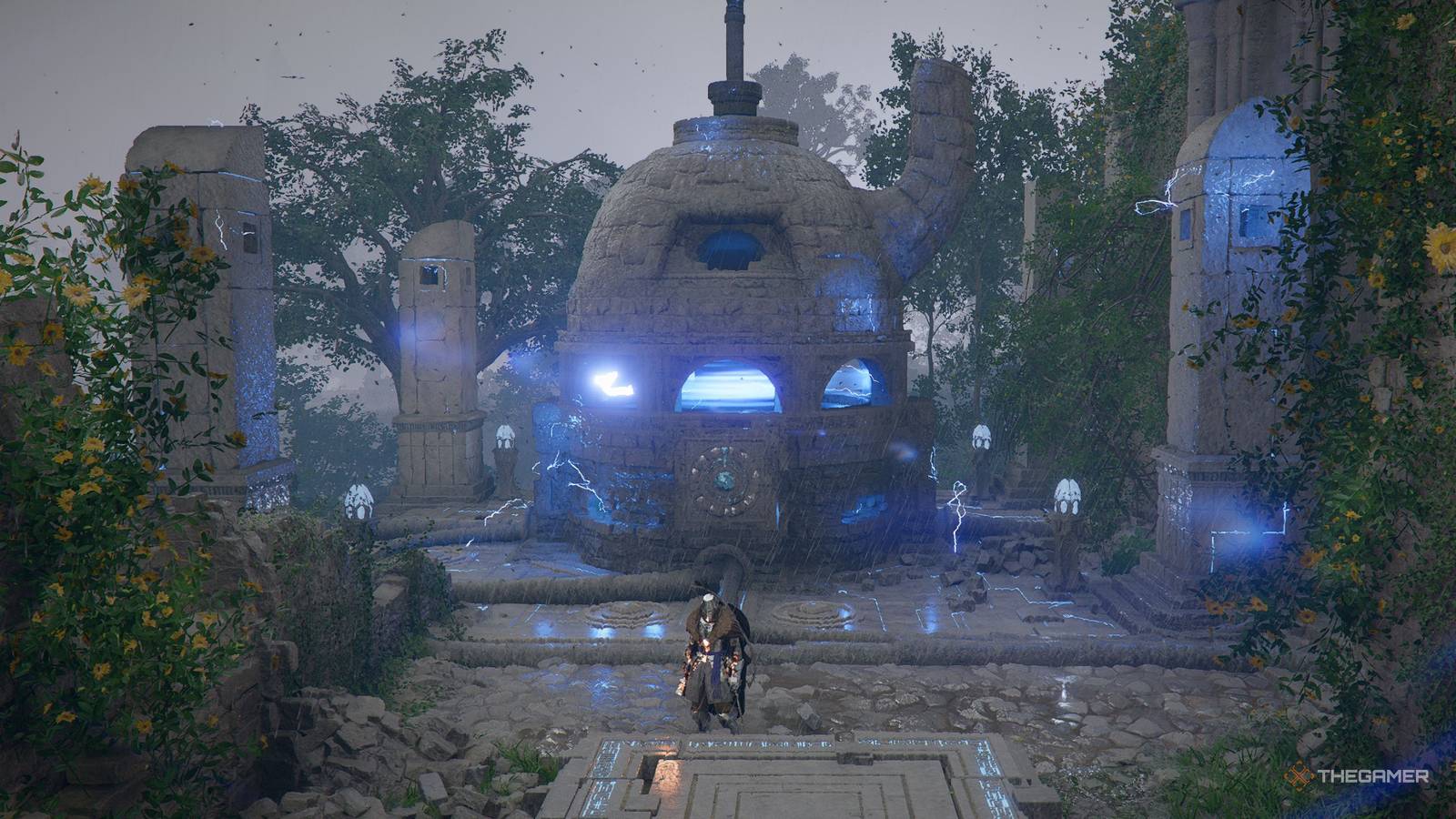 Kliff standing in front of the Sanctum of Temperance entrance in Crimson Desert