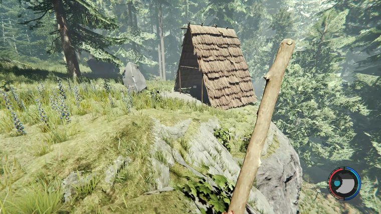 A small wooden shelter built in a dense forest in a survival game