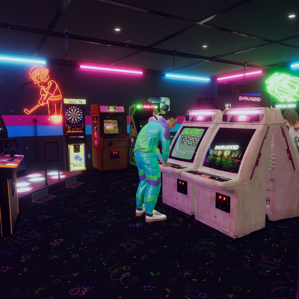 A modern tribute to 90s arcade aesthetics with bright colors and retro cabinets