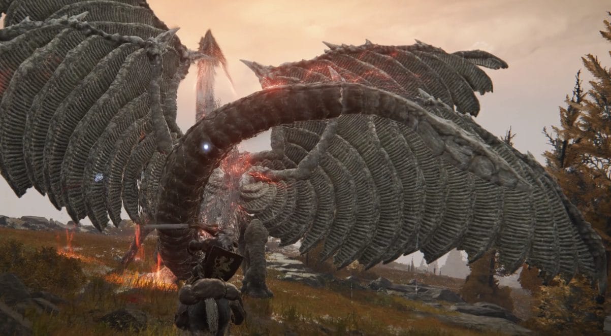Ancient Dragon Lansseax performing a red lightning sweep in Elden Ring