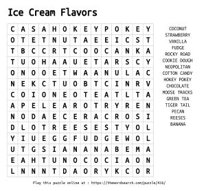 A themed word find puzzle about ice cream flavors showing a clean grid layout