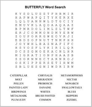 A butterfly themed word search puzzle designed for cognitive improvement