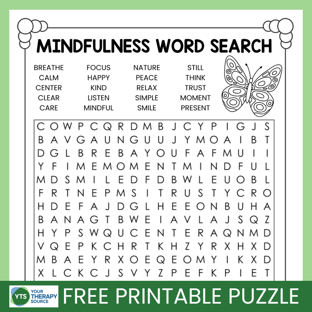 A mindfulness themed free printable word search puzzle