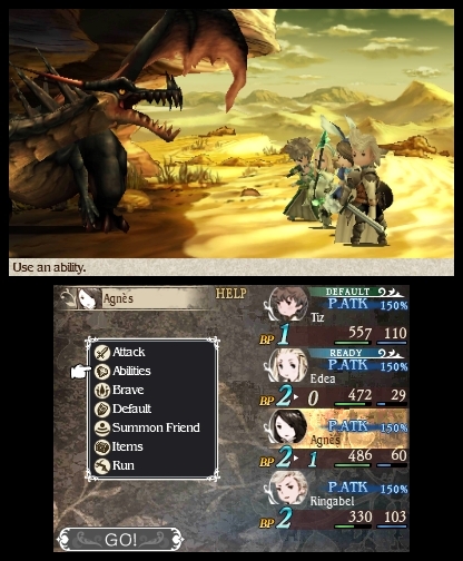 Bravely Default gameplay showing the turn-based combat system on 3DS