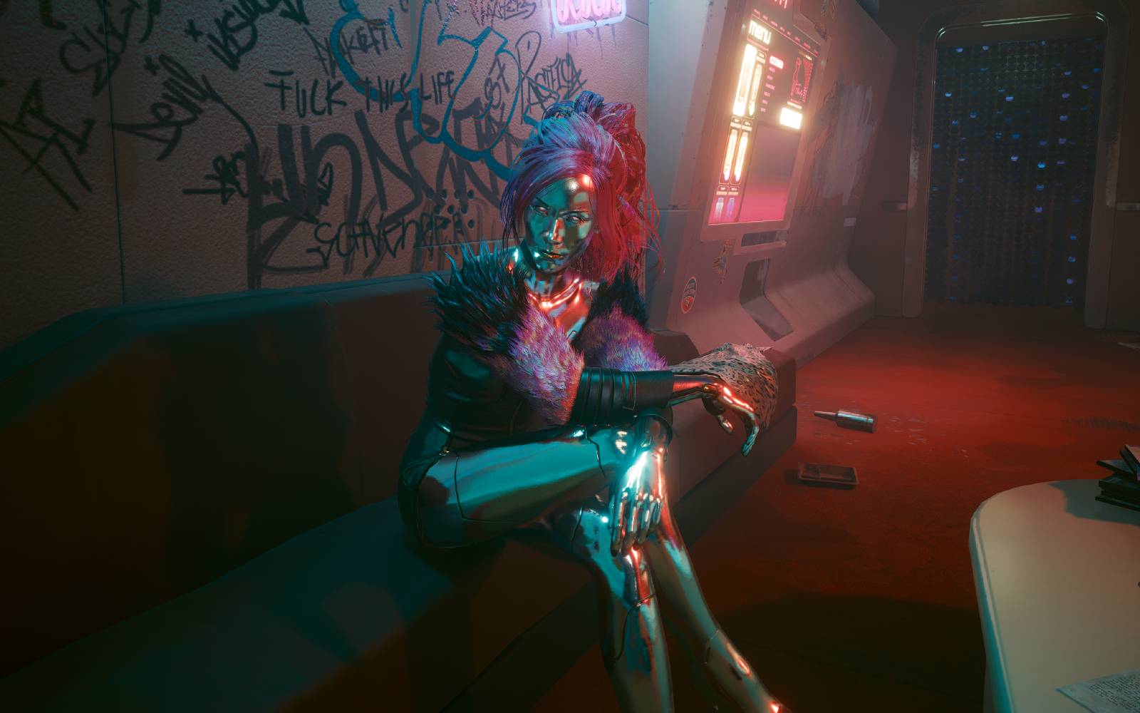 Lizzy Wizzy standing in a dark room in Cyberpunk 2077