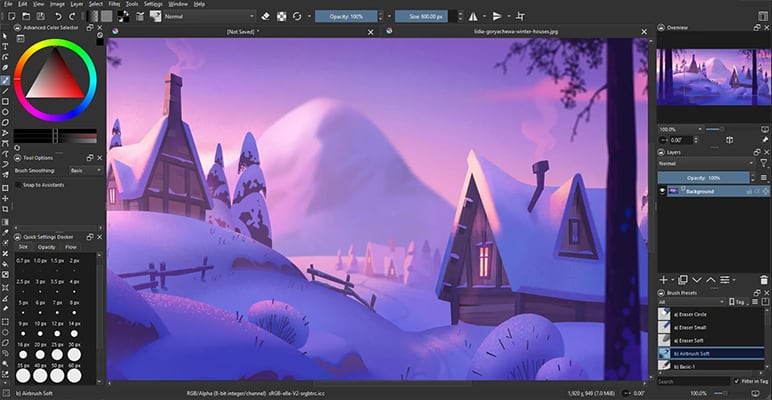 Krita user interface showing layers and brush settings