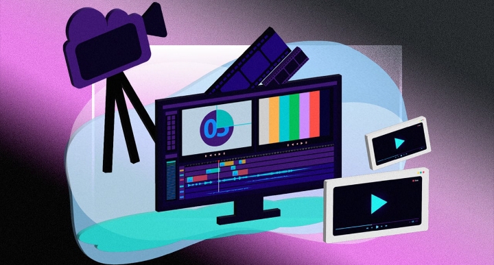A professional video editing timeline showing multiple tracks and color-coded clips