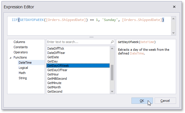 Technical expression editor interface with intellisense and logic operators