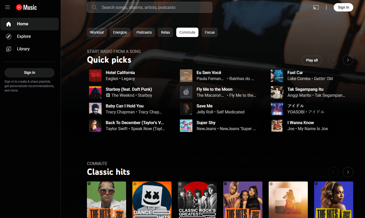 YouTube Music interface showing a playlist of songs