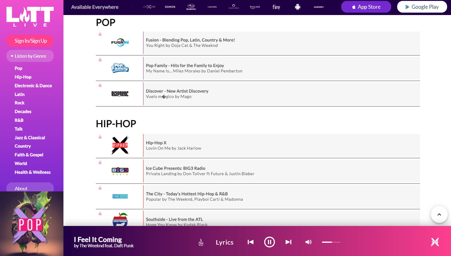 Interface of a free music streaming site showing playback controls and station lists