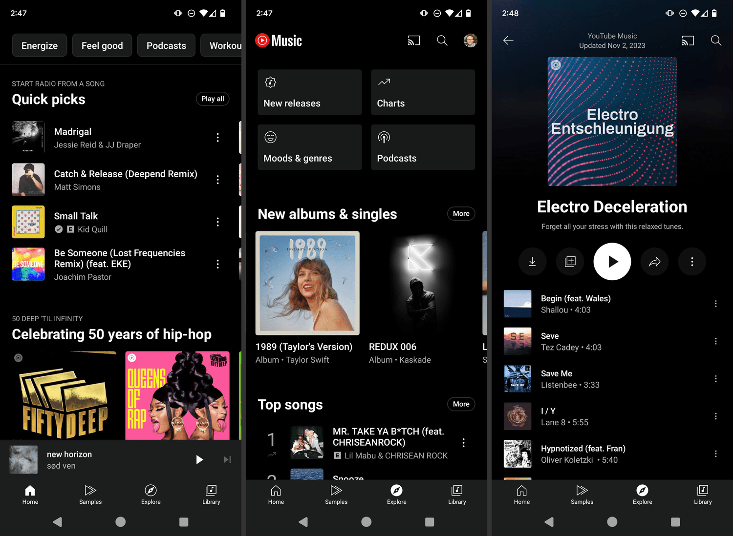 YouTube Music interface on an Android device showing playback controls