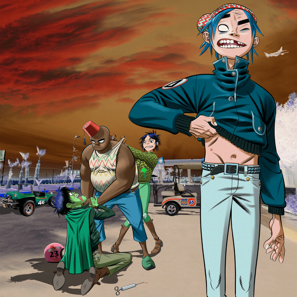 Gorillaz Aries single artwork showing Murdoc and 2-D