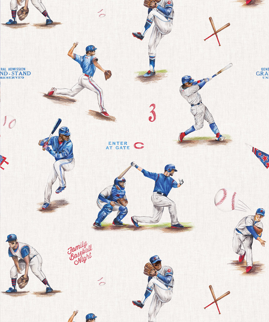 Non-woven baseball wallpaper with vintage pattern