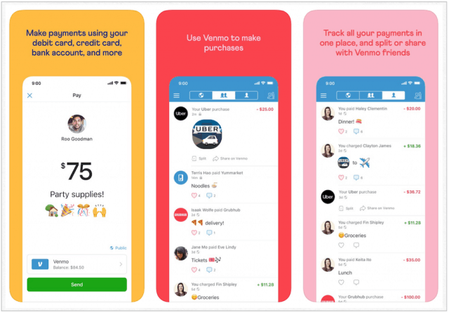 Venmo app interface showing privacy settings and payment options
