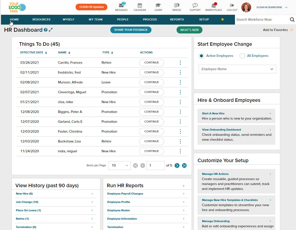 ADP HR Dashboard showing payroll and employee insights