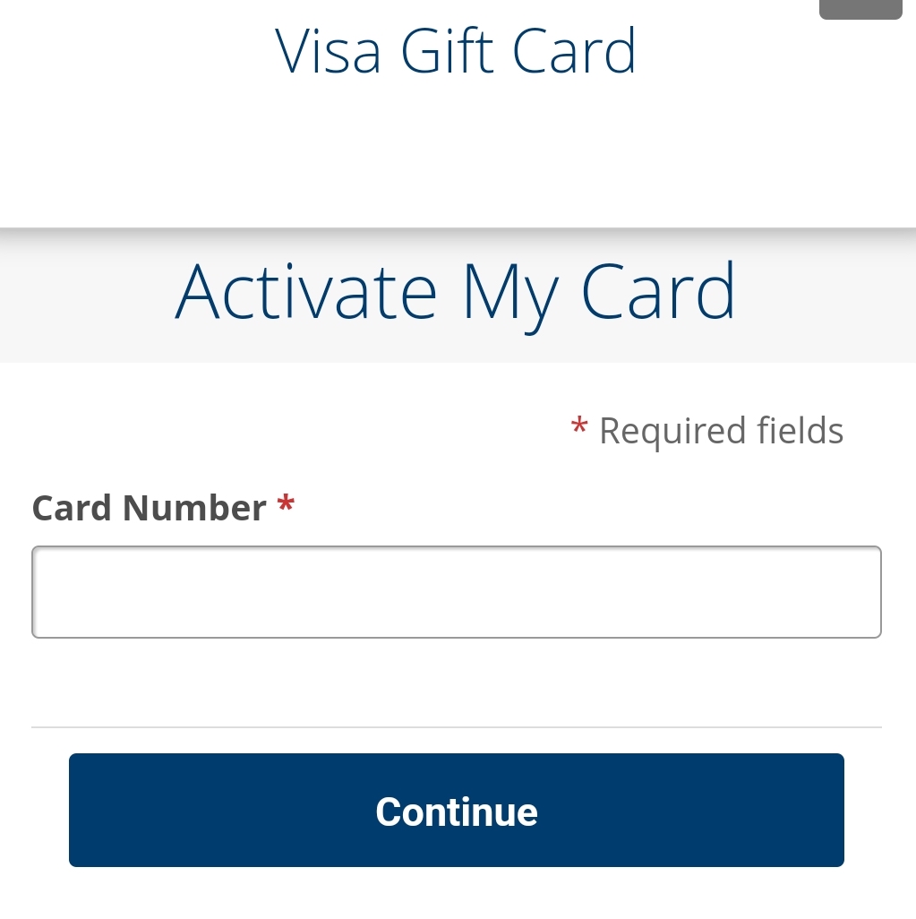 Mobile screenshot of a Visa gift card activation page