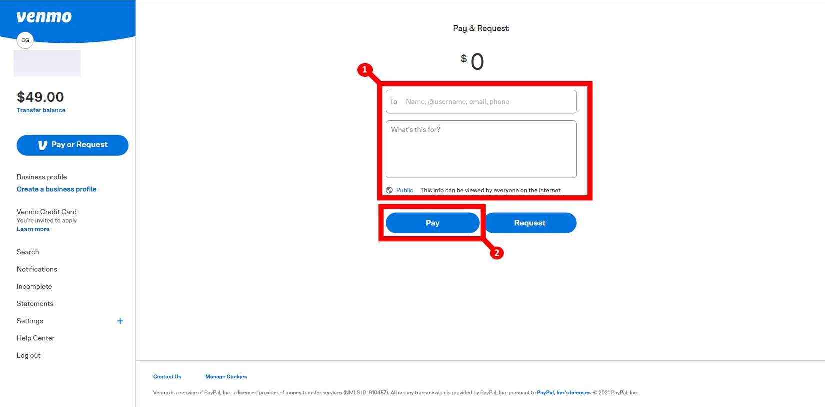 Venmo payment and send options screen