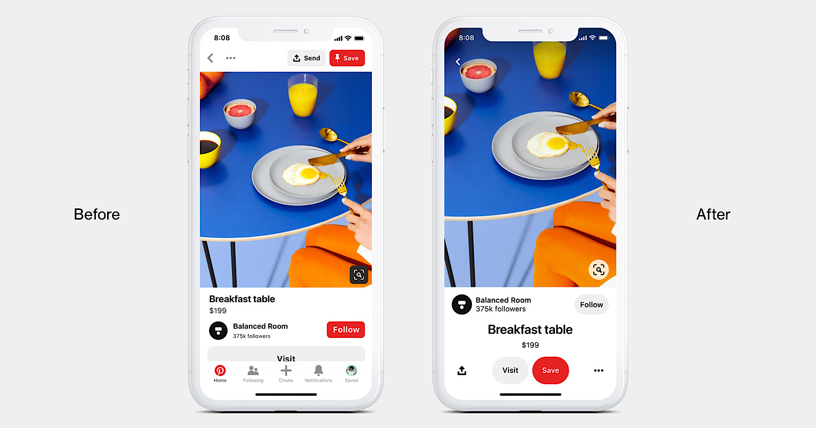 A visual representation of the Pinterest mobile app refresh and profile layout