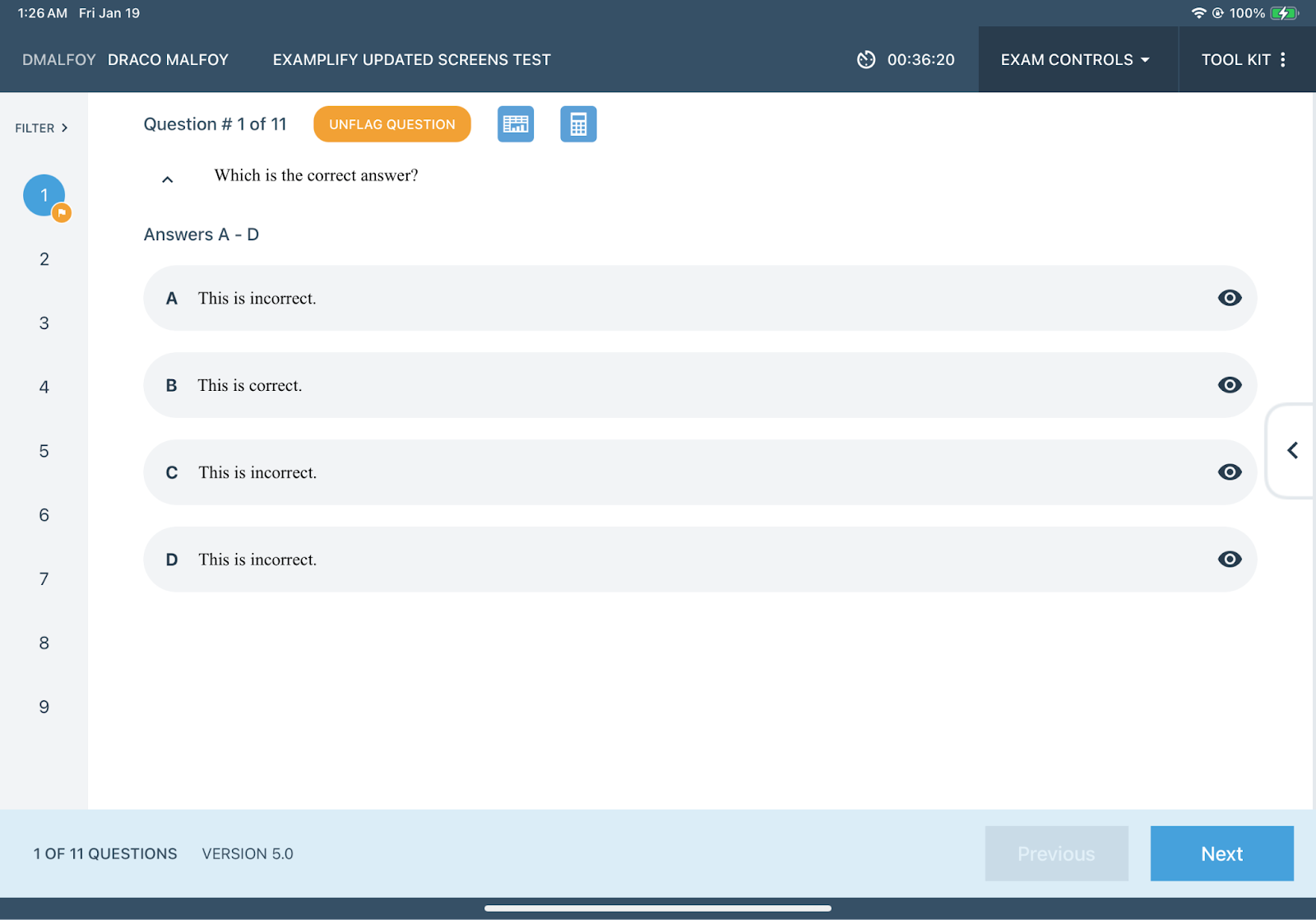 Examplify interface showing exam-taking features and options